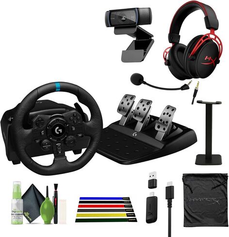 Logitech G G923 TRUEFORCE Sim Racing Wheel and Pedals for PC, PS4 & PS5 + Logitech C920x HD Pro Webcam + HyperX Cloud Alpha Wireless - Gaming Headset Red Bundle with Headphone Stand + More in Saudi Arabia