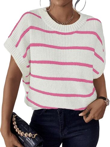 Milumia Women's Stripe Sweater Cap Sleeve Bat Wing Sweater Vest Crewneck Knit Top Pullover 2023 Fall Outfit Black and Beige in Kuwait