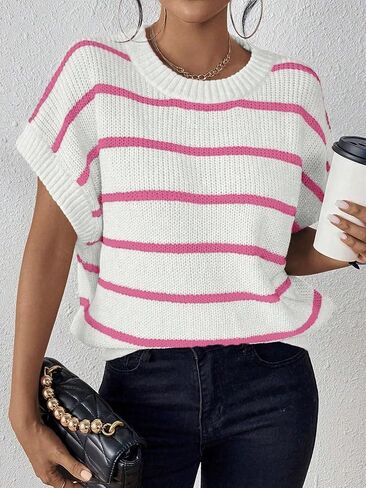 Milumia Women's Stripe Sweater Cap Sleeve Bat Wing Sweater Vest Crewneck Knit Top Pullover 2023 Fall Outfit Black and Beige in Kuwait