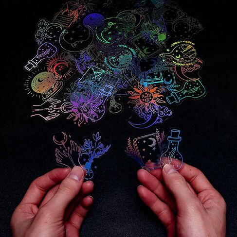 Magic Holographic Stickers – 45 Pcs Transparent PET Decals with Witchy, Celestial Designs for Scrapbooking, Journaling & DIY Crafts – Waterproof, Aesthetic Stickers for Laptop, Water Bottle, Phone in Saudi Arabia