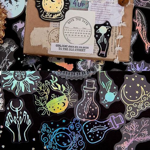 Magic Holographic Stickers – 45 Pcs Transparent PET Decals with Witchy, Celestial Designs for Scrapbooking, Journaling & DIY Crafts – Waterproof, Aesthetic Stickers for Laptop, Water Bottle, Phone in Saudi Arabia
