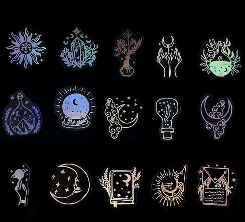 Magic Holographic Stickers – 45 Pcs Transparent PET Decals with Witchy, Celestial Designs for Scrapbooking, Journaling & DIY Crafts – Waterproof, Aesthetic Stickers for Laptop, Water Bottle, Phone in Saudi Arabia