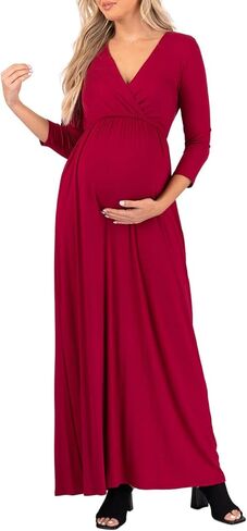 Mother Bee Maternity V-Neck 3/4 Sleeve Ruched Waist Dress in Kuwait