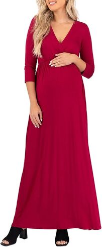 Mother Bee Maternity V-Neck 3/4 Sleeve Ruched Waist Dress in Kuwait