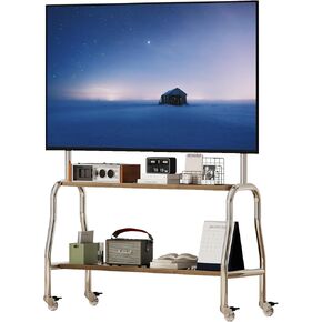 TV Stand with Wheels, TV Stand Fits 43-75 Inch TV Screen up to 110 LB, Height Adjustable Rolling Television Stand for Living Room, Bedroom, Outdoor, Business and School, Iron