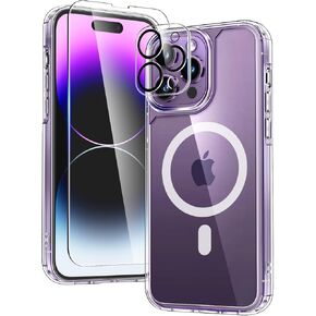 TAURI 5 in 1 for iPhone 14 Pro Max Case Magnetic Clear, with 2X Screen Protectors + 2X Camera Lens Protectors, [Military Grade Drop Protection] Shockproof Case for iPhone 14 Pro Max 6.7 Inch