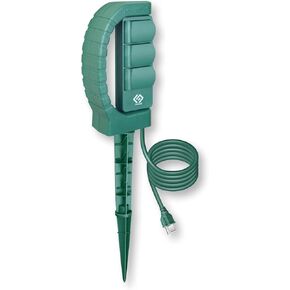 Outdoor Power Stake, 3 Grounded Outlets with 180º Rotating Function and Safety Cover, 6FT Cord, UL Listed, Green
