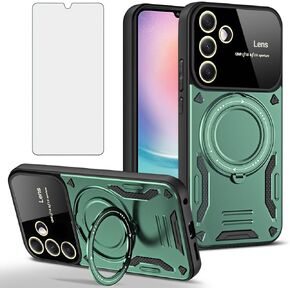 Phone Case for Samsung Galaxy A24 4G/5G with Tempered Glass Screen Wrist Strap Lanyard Heavy Duty Protector Cover 360°Rotatable Invisible Ring Slim Stand Protective A 24 24A LTE Women Pink