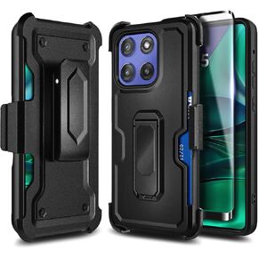 Belt-Clip Holster for Motorola Moto G-Stylus-2025 Case with Tempered Glass Screen Protector, Drop Protection, Card Holder/Built-in Stand, Heavy Duty Armor Defender Shockproof Rugged Cover (Black)