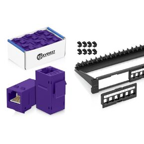 حزمة Everest Media Solutions - 2 عناصر: لوحة تصحيح Keystone 24 منفذ + 24 حزمة من RJ45 CAT6 Keystone Acplers - Purple