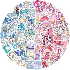100PCS Pink & Blue Coastal Girl Stickers, Waterproof Vinyl Sea Life Decals, Ocean Beach Aesthetic Stickers for Laptop Water Bottle Journal, Cute Marine Animal & Shell Designs