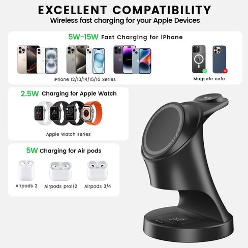 3 in 1 Wireless Charging Station for Apple Devices,Magsafe Charger Stand for IPhone16 15 14 13 12 Pro/Max/Plus/Mini Wireless Charger Station for AirPods 2/3/Pro iWatch Ultra/8/7/SE/6/5/4/3/2 in Saudi Arabia