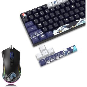 XVX PBT Keycaps 132 Keys, Great Wave Off Kanagawa Japanese Keyboard Keycaps and XVX Wired Gaming Mouse