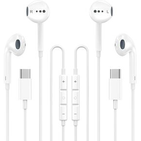 USB C Headphones for iPhone 16 15,2 Pack Type C Earbuds Wired Earbuds with Microphone & Remote Control Noise Cancelling Earphones Compatible with iPhone 15/16 Pro Max, iPad Pro,S24 S23 Most USB C Jack