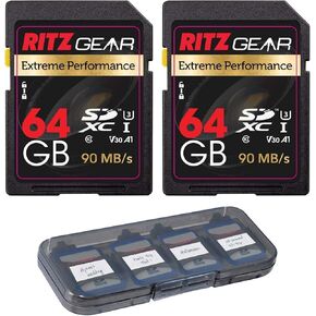 RITZ GEAR Extreme Performance High Speed UHS-I SDXC 64GB 90/45 MB/S U3 A1 C10 V30 MemoryCard(2 Units) Designed for SDDevices That can Capture Full HD,3D,and4K Video as Well as raw Photography+SD Case