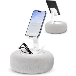 Phone Stand with Pillow, Adjustable iPhone Stand with Anti-Slip Strips, High-Viscosity Pads – Compatible with 4"-7" Devices, Including iPhone, iPad, Kindle, and Android (Grey)