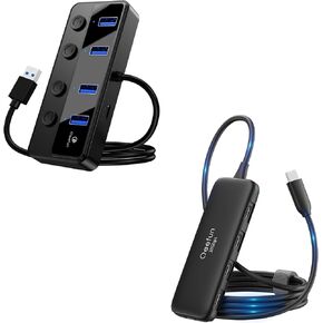 QEEFUN 4-PORT USB HUB 3.0 ، مفاتيح طاقة LED الفردية ، كبل تمديد USB 2 قدم ، حزمة من محور USB-C 3.2 PORT