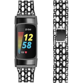 سوار Bling Diamond متوافق مع Fitbit Charge 6/Charge 5 ، العصابات المعدنية الأنيقة الصلب المقاوم للصدأ عصابات مقاومة للماء لشحن Fitbit 5 الفرقة