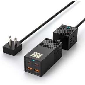 100W Charging Station, 6-in-1 GaN USB C Charger, 2 USB C and 2 USB A Ports, 2 AC Outlets, Power Strip Compatible with MacBook Pro/Air, iPhone 16/15, Galaxy, and More (Black)
