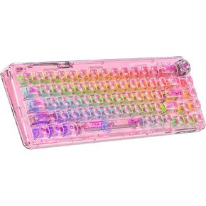 CC MALL 60% Portable Transparent Gasket Hot Swappble Mechanical Gaming Keyboard,RGB Backlit Compact 68 Clear Keycaps,Include 2.4Ghz/Bluetooth/USB-C Connections,Ice Crystal Switch(Pink)