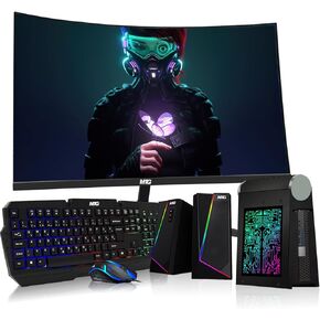 CyberCube Mini PC Bundle, Intel Core i5, 32GB RAM, 1TB SSD, 32 Inch Curved Monitor, RGB Kit, Webcam, Windows 11 Pro (Renewed)