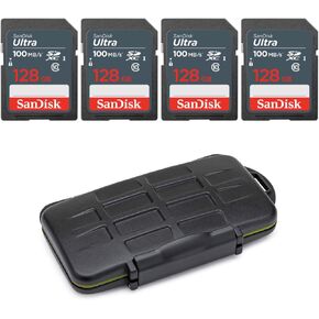 SanDisk Ultra 128GB SDXC UHS-I Memory Card (4-Pack) with Rugged Memory Card Storage Case Bundle (6 Items)