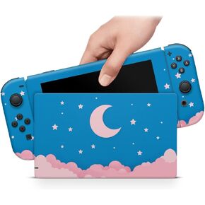 ZOOMHITSKINS Compatible with Switch Skin Cover Astronomy Crescent Moon Stars Cute Kawaii Anime Blue Pink Sky Vinyl Decal Sticker Wrap, Made in The USA