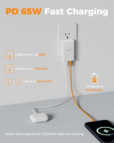 USB C Flat Wall Charger Block, TESSAN Ultra Slim Multi-Port Power Adapter for iPhone 16/15 Series and Samsung Galaxy Models, PD 35W Fast Charging Foldable Outlet Plug in Saudi Arabia