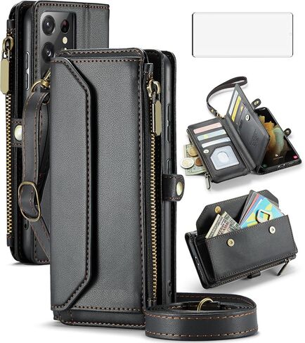 Asuwish Phone Case for Samsung Galaxy S21 Ultra 5G Zipper Wallet Cover with Tempered Glass Screen Protector and Flip RFID Blocking Cash Card Holder Cell S21ultra 21S S 21 21ultra G5 Women Girls Green in Saudi Arabia