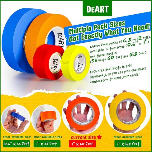 Masking Tape - EXTRA LONG 1008 FEET x 1 Inch - Painters Tape Assortment, 6 Color Painter Tape Rolls, Colored Labeling Paper Tape for Bullet Journals Party Decorations DIY Craft Artist Tape Art Tape in Kuwait