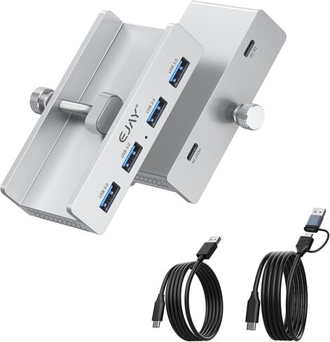 EJAY 4Ports USB3.0 Splitter Alu Clamp Desktop USB HUB for Desk/Monitors Clipping with Extra Power Supply Port and 2 Long Cables(59inches Data & 39inches Power Cables) in Kuwait