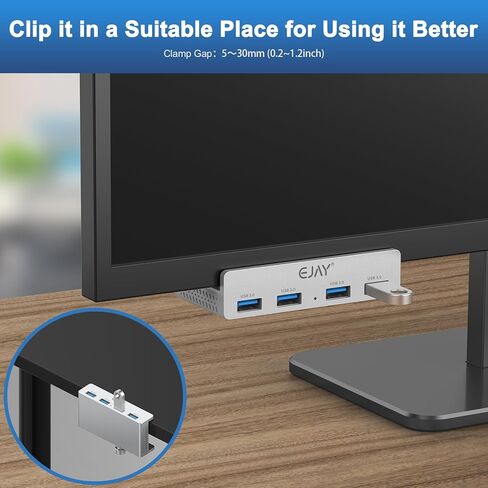 EJAY 4Ports USB3.0 Splitter Alu Clamp Desktop USB HUB for Desk/Monitors Clipping with Extra Power Supply Port and 2 Long Cables(59inches Data & 39inches Power Cables) in Kuwait