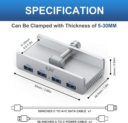 EJAY 4Ports USB3.0 Splitter Alu Clamp Desktop USB HUB for Desk/Monitors Clipping with Extra Power Supply Port and 2 Long Cables(59inches Data & 39inches Power Cables) in Kuwait