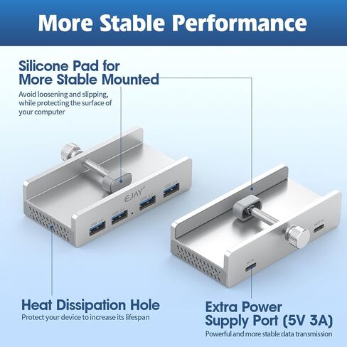 EJAY 4Ports USB3.0 Splitter Alu Clamp Desktop USB HUB for Desk/Monitors Clipping with Extra Power Supply Port and 2 Long Cables(59inches Data & 39inches Power Cables) in Kuwait