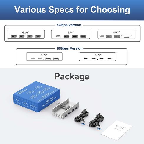 EJAY 4Ports USB3.0 Splitter Alu Clamp Desktop USB HUB for Desk/Monitors Clipping with Extra Power Supply Port and 2 Long Cables(59inches Data & 39inches Power Cables) in Kuwait