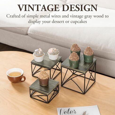 رافعات عرض الحلوى الحديثة من MyGift، سطح خشبي ريفي مطلي باللون الأبيض وقاعدة سلكية معدنية نحاسية هندسية، أرفف حامل بقاعدة لحلويات الكب كيك، مجموعة من 3 in Kuwait