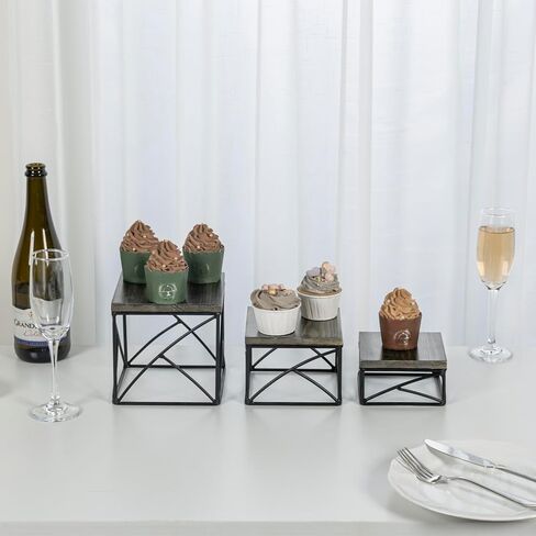 رافعات عرض الحلوى الحديثة من MyGift، سطح خشبي ريفي مطلي باللون الأبيض وقاعدة سلكية معدنية نحاسية هندسية، أرفف حامل بقاعدة لحلويات الكب كيك، مجموعة من 3 in Kuwait