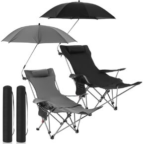 2 Set Reclining Camping Chair with Umbrella Clamp, Adjustable Beach Chair with Foot Rest, SPF 50+, Folding Shade Camping Lounger Recliner for Adult Outdoor(Grey, Black,Oxford)