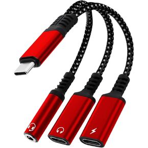 1 in 3 USB C to Type-C Charging and Type-C Headphones Plus 3.5mm Headphones PD 60W Charging Adapter, Compatible with GalaxyS22, iPad Pro, Pixel, iPhone 16 15, etc.（red）