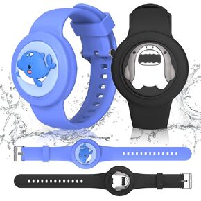 Cute Bracelet for AirTag Waterproof [2-Pack], Cartoon Air Tag Holder Shark & Dolphin Design Kids Air Tag Bracelet, Full Coverage Soft Silicone Airtag Case for Toddler Child Adult (Black+Blue)