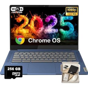 Lenovo IdeaPad Slim 3 Chromebook - 14'' Full HD (1920 x 1080) Display • 8-Core MediaTek Kompanio 520 CPU • 4GB RAM • 64GB eMMC & 256GB Micro SD Card • Wi-Fi 6 • for Business Student • Chrome OS • Blue