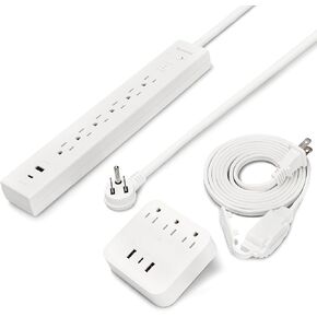 3-Piece USB Power Strip Set, Includes PD 20W USB-C Power Strip, 6ft Indoor Extension Cord, Multi Plug Outlet Extender with USB, ETL Listed, White
