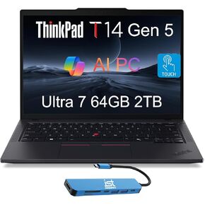 Lenovo ThinkPad T14 Gen 5 Business Laptop (14" FHD+ Touchscreen, Intel Ultra 7 155U (>i7-13700H), 32GB DDR5, 1TB SSD), 5MP Webcam, 2 Thunderbolt 4, 3-Yr WRT, IST Hub, 2025 AI PC, Win 11 Pro