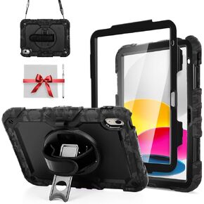 Shockproof Case for iPad 11th Gen 11'' A16 2025, iPad 10th Gen 10.9'', Rugged Case with Screen Protector, 360° Rotating Handle & Stand, Shoulder Strap, Pencil Holder for Men Kids, Camouflage