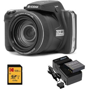 Kodak Pixpro AZ528 16MP Astro Zoom Digital Camera with 52x Pantical Zoom (Black) مع بطاقة SD 128 جيجابايت وبطارية قابلة لإعادة الشحن ومجموعة الشاحن (3 عناصر)