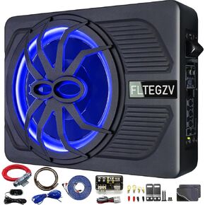 10" 800W Slim Under Seat Powered Car Subwoofer with Blue LED Light, Deep Bass Enhancement, Car/Truck Audio Sub Built-in Amplifier, Amp Combo Package, Installation Wire Kit