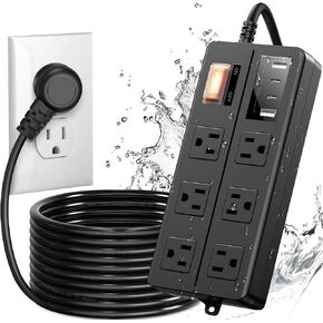 IPX6 Outdoor Power Strip Weatherproof, Waterproof Surge Protector with 6 Wide Outlet with 2A2C USB Ports, 15FT Long Extension Cord, Wall Mountable for Outside Decorations and More UL Listed(Black)
