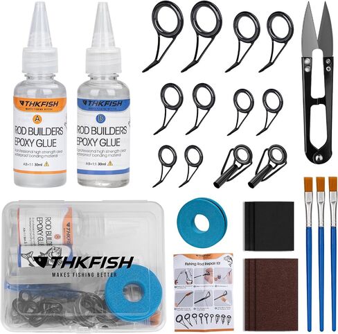 THKFISH Fishing Rod Tip Repair Kit or Rod Guides with Glue, 6 Sizes Fishing Pole Tips Replacement Kit for Fishing Pole Tip with Rod Guides, Epoxy Glue, Wrapping Thread and Tape in Saudi Arabia