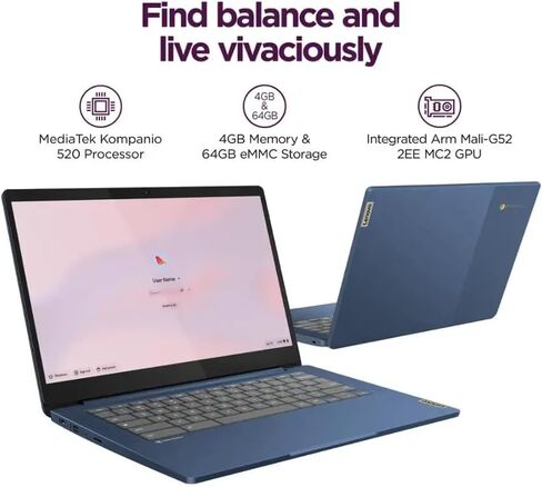 Lenovo Ideapad Slim 3 Chromebook-14 '' Full HD (1920 × 1080) العرض • 8-core Mediatek Kompanio 520 CPU • 4GB RAM • 64GB EMMC و 256GB Micro SD • Wi-Fi 6 • للطالب التجاري • Chrome OS • Blue • in Kuwait