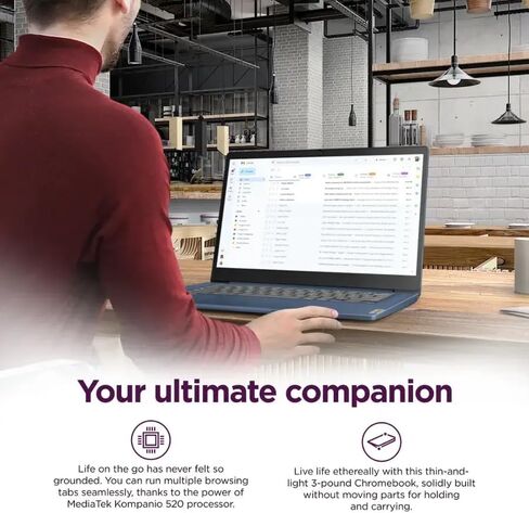 Lenovo Ideapad Slim 3 Chromebook-14 '' Full HD (1920 × 1080) العرض • 8-core Mediatek Kompanio 520 CPU • 4GB RAM • 64GB EMMC و 256GB Micro SD • Wi-Fi 6 • للطالب التجاري • Chrome OS • Blue • in Kuwait